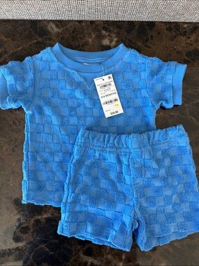 New! First Impressions Baby Boys Checkered Terry T-Shirt & Shorts Blue Bay 6-9M